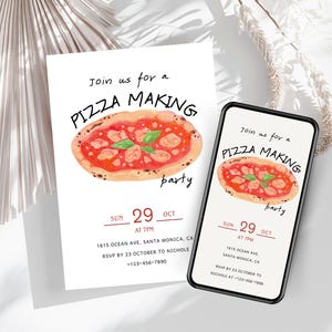 Szablon zaproszenia na imprezę z pizzą, zaproszenie „Slice of Joy” na imprezę z pizzą, wieczór zabawnych aktywności dla przyjaciół, kartka urodzinowa i telefon komórkowy