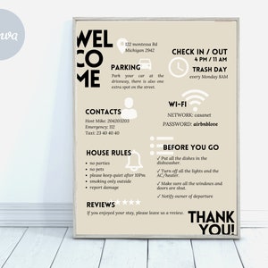 welcome sign template for short rental, house rules and guide poster, editable template for welcome airbnb sign,  checkout instructions pdf