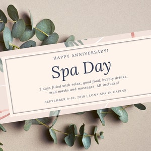 Plantilla de cupón elegante, vale editable, regalo sorpresa imprimible, vale de cumpleaños personalizado, invitación al spa de novias DIL, escapada de fin de semana