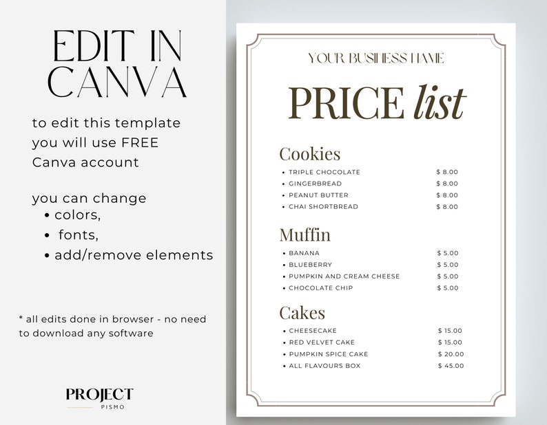 Bakery Price List Template Home Baked Local Market Menu Home Etsy