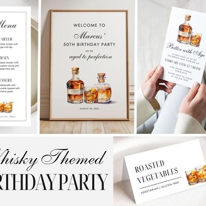 May include: A birthday party invitation with a whisky theme. The invitation features a watercolor illustration of a bottle of whiskey and a glass. The text on the invitation reads "Better with Age" and includes the date and time of the party.