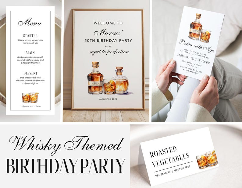 May include: A birthday party invitation with a whisky theme. The invitation features a watercolor illustration of a bottle of whiskey and a glass. The text on the invitation reads "Better with Age" and includes the date and time of the party.