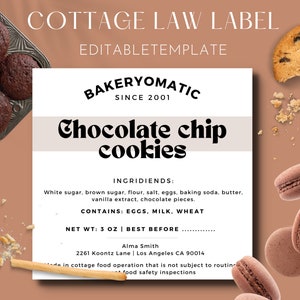 Cottage Law Labels Template, Custom Home Bakery Stickers, Cookie Ingredients Labels, List with Allergen Label for Baked Goods,  Food License