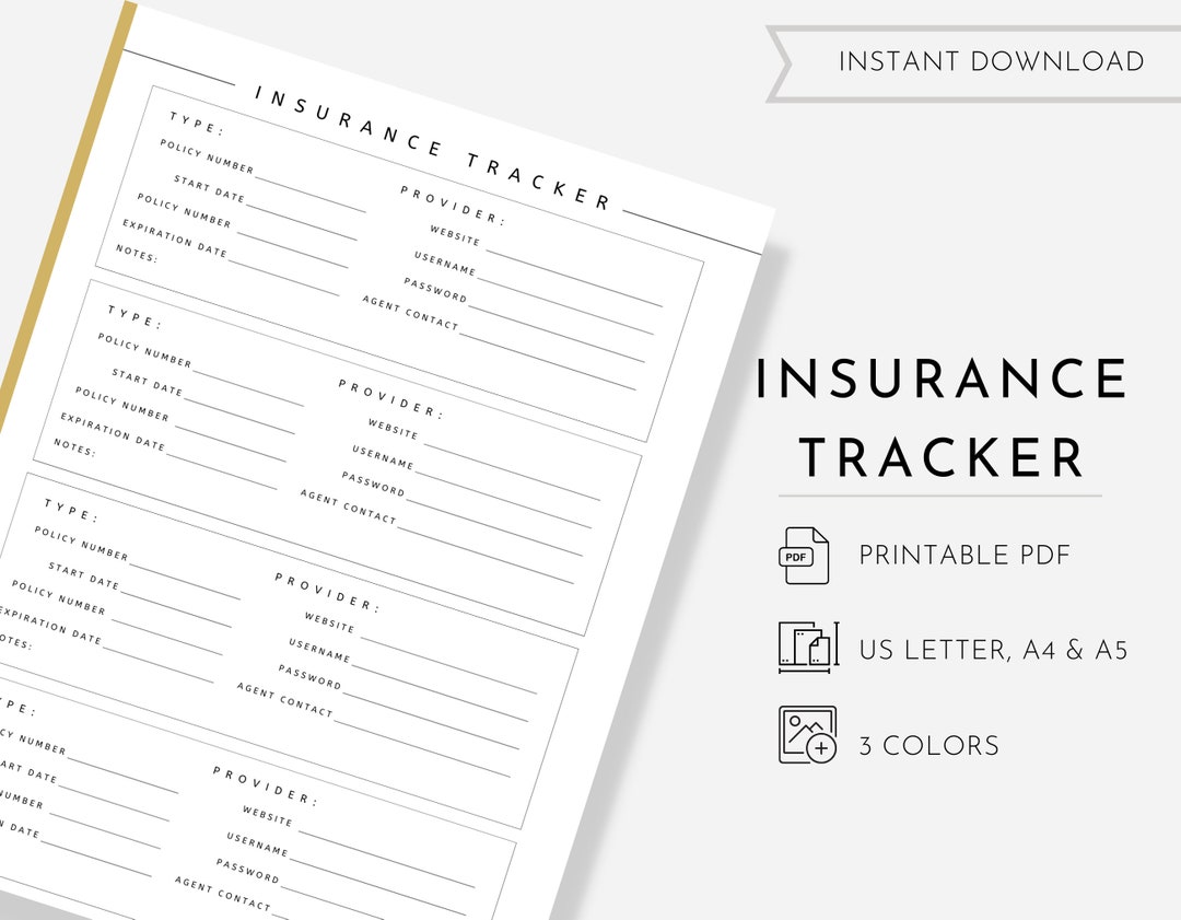 Insurance Tracker Contact List, Insurance Info Printable, Health Insurance, Life Insurance ...