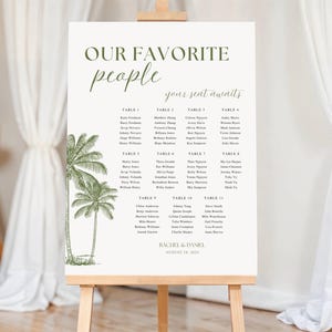 May include: A white wedding seating plan on an easel, featuring the text "OUR FAVORITE people" and "your seat awaits". The chart includes a palm tree illustration and guest names, organised by table. The names are in black font.