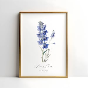 Juli Geburtsmonat Juli Blumendruck, Botanische Zeichnung, Aquarell Geburtsblume, Rittersporn Delphinium Druck, Geschenke für Mama, personalisiertes Poster