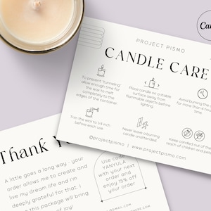 Tarjeta de inserción minimalista para el cuidado de velas, Plantilla de Canva editable para instrucciones del cliente, Nota del paquete del cliente, Gracias, Tarjeta limpia simple M1