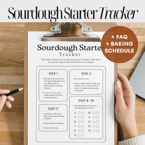 Checklist zuurdesemstarter, hoe maak je zuurdesembrood, pdf-tracker zuurdesemstarter, logboek en veelgestelde vragen, receptenpagina weggooien Afdrukbare planner