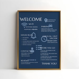 Elegant Navy Blue Welcome Sign for Bed and Breakfast or Airbnb Signage, Editable Template Canva, Vacation Rental Poster, House Rules, WiFi