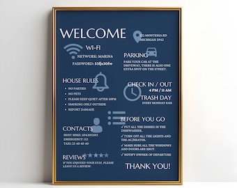 Elegante letrero de bienvenida en azul marino para alojamiento y desayuno o señalización de Airbnb, plantilla editable Canva, póster de alquiler vacacional, reglas de la casa, WiFi