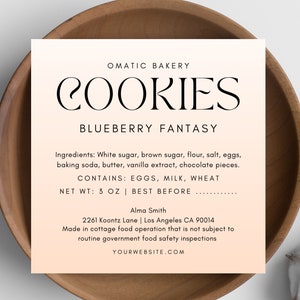 Cottage Food Label Template to edit in Canva, Ingredient Label in Peach Pink, Cute Cookie Muffin Cupcake Sticker with Allergens, Home Bakery