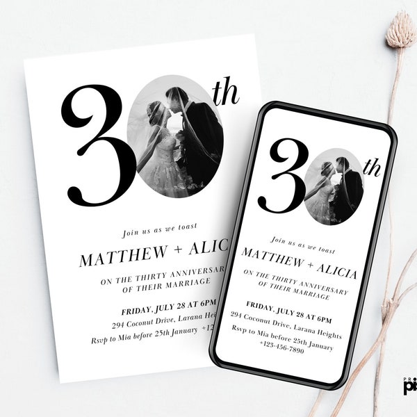 30th Wedding Pearl Anniversary Invitation with Photo, Elegant Anniversary Invite Template, Editable Canva, Marriage 30 Years of Love Card