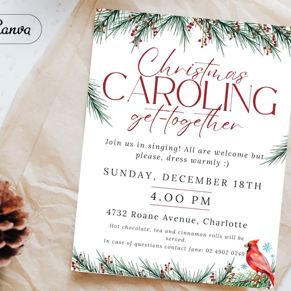 Christmas Caroling Event Invitation - Editable template, Holiday seasons music performance, Signing carols get-together, Church party flyer