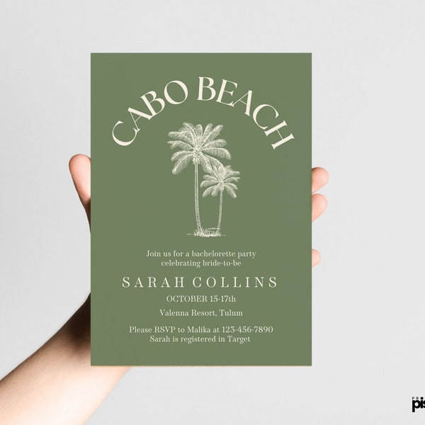 Cabo Bachelorette Invite and Itinerary - Template, Hen Bridal Shower, Cabo San Lucas Last Fiesta,  Tropical Olive Boho Palms Tulum Gateway