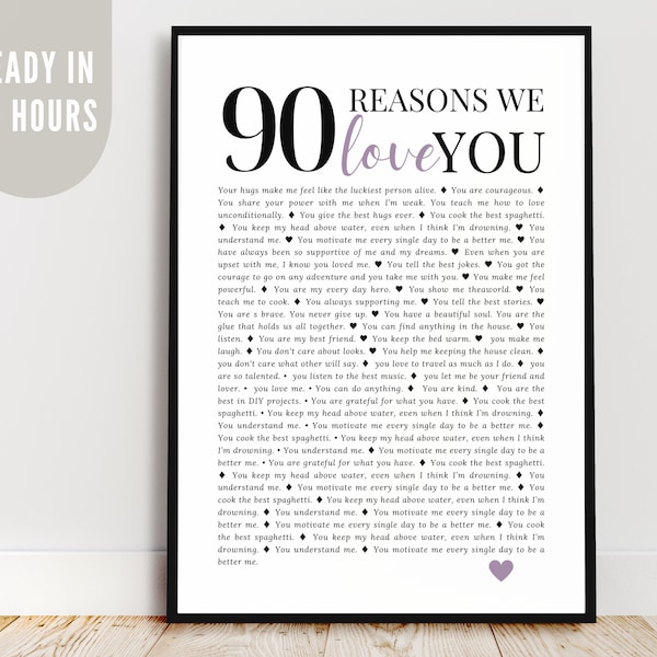 90 Reasons we love you, READY IN 24H printable poster, 90th Birthday Milestone celebration, Family gift, Sentimental Bday Wall Decoration
