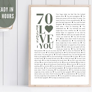 70 razones por las que te amo, regalo de aniversario, póster imprimible, regalo imprimible para el 60.º cumpleaños, decoración de fiesta para el 70.º cumpleaños, idea de regalo para San Valentín