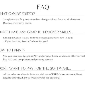May include: FAQ about editing and printing templates using Canva. Templates are fully customisable, change colours, fonts & all elements. Duplicate/remove pages. Editing in Canva is easy and you will get a guidebook on how to do it. If you have any issues, the creator is here to help. You can save your design as a PDF and print at home or choose other formats like PNG and use a professional printing service. All the edits are done in a browser with the use of a FREE Canva account. You don't need to download any software or pay for anything!