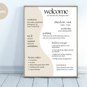 airbnb welcome sign template in pastel colors and boho vibe, elegant short term rental poster, checkout list, wifi, house rules canva pdf