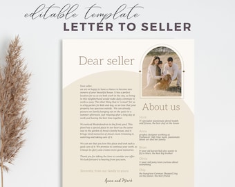 May include: A beige and brown letter template with the text "Dear Seller" and "About Us" in a brown archway. The letter is addressed to a seller of a house and includes a family photo of a couple, a boy, and a dog. The text describes the family and their reasons for wanting to buy the house.