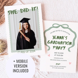 Whimsical Hand Drawn Graduation Party Invite, Handwritten Wavy Border Graduate Invitation Template, Retro Bow Photo Card 2024 Grad Party 133