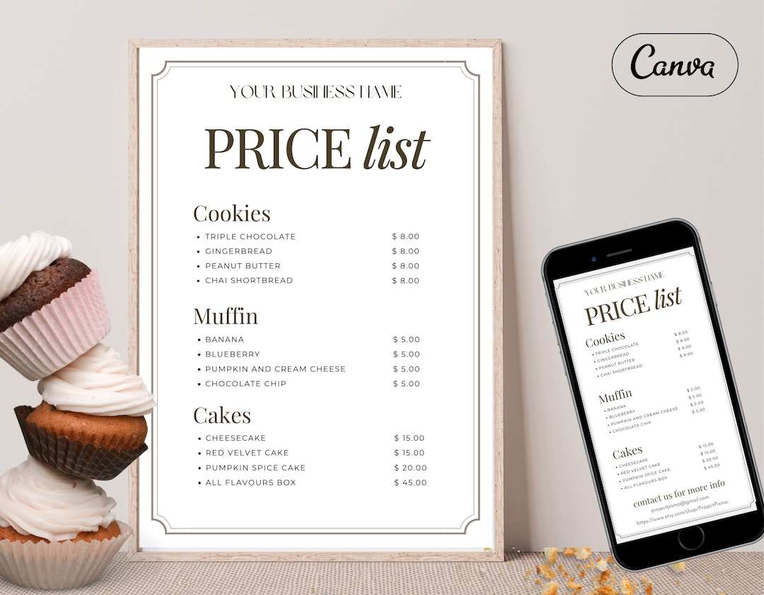 Bakery Price List Template, Home Baked Local Market Menu, Home Bakery