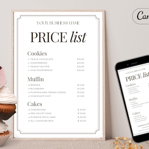 Bäckerei Preisliste Vorlage, hausgemachtes lokales Marktmenü, Home Bakery Business, Kuchen druckbare bearbeitbare Liste, Süßigkeiten Stand Pricing Guide