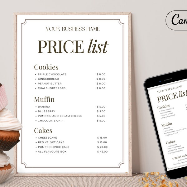 Bakery Price List Template, Home Baked Local Market Menu, Home Bakery Business, Cake Printable Editable List, Sweets Stand Pricing Guide