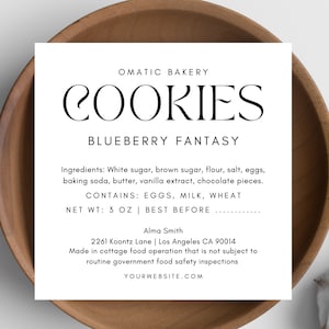 Cookie Label, Cottage Food Sticker Canva Template, Cupcake Ingredient List, Minimalistic Printable Food License Allergen Info, Bakery Label