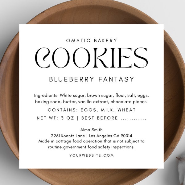 Cookie Label Template: Minimalist Bakery Food Sticker Cottage Law Label for Home Baker, Craft Artisan Bakery