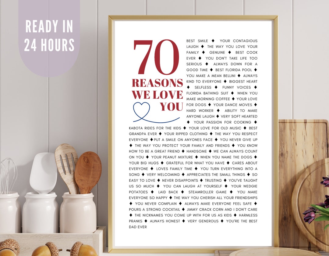 70 reasons we love you printable poster ready in 24h 70th birthday