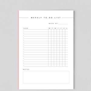 May include: A printable weekly to-do list template with a black and white design. The template includes a section for tasks, a section for notes, and a grid for scheduling tasks by day of the week. The days of the week are abbreviated as M, T, W, Th, F, Sa, and Su.