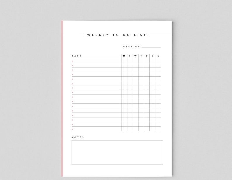 May include: A printable weekly to-do list template with a black and white design. The template includes a section for tasks, a section for notes, and a grid for scheduling tasks by day of the week. The days of the week are abbreviated as M, T, W, Th, F, Sa, and Su.