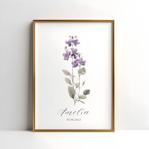 Violet Flower Birth Month Print, Custom Name Print - Personalized Gift, February Birth Flower Watercolor, Floral Nursery Wall Decor Prints