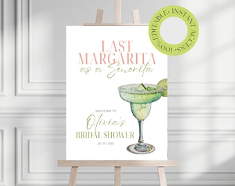 Letrero de bienvenida editable para despedida de soltera, última margarita en acuarela como póster de despedida de soltera de señorita, plantilla para fiesta de cócteles de fin de semana