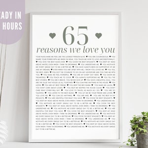 KLAAR BINNEN 24 UUR: 65 redenen waarom we van je houden aangepaste poster, digitale print, moeders 65e verjaardag, 65 dingen over vader, cadeau voor 65e verjaardag van een vriend,