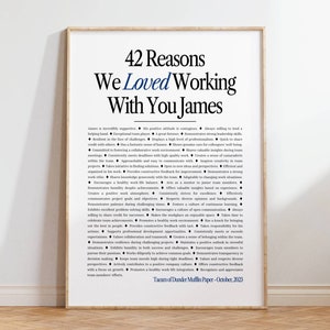 May include: A framed poster with a black and white design. The poster lists 42 reasons why the team loved working with James. The poster is titled "42 Reasons We Loved Working With You James". The poster is signed "Team of Dunder Muffin Paper - October, 2023".