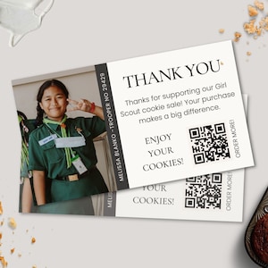 Girl Scout Cookie Sales visitekaartje, bewerkbare sjabloon met foto en QR-code, Girl Scout Cookie Order Card, Troop Thank You Tag