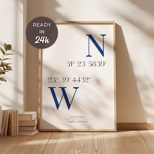 Benutzerdefinierte Wandkunst, Geburtstagsgeschenke, Verlobungsgeschenke für Sie oder Ihn, Koordinaten Print, GPS Breiten- und Längengrad, persönliches Wanddekor Poster