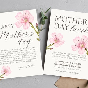 Afdrukbare Moederdagkaart bewerkbaar, Moederdagwensen, aquarel lunchuitnodiging, bloemenwenskaart DIY, Instant Download sjabloon