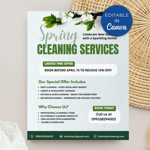 Plantilla de volante de servicio de limpieza de primavera, volante editable para empresas de limpieza, diseño de Canva, marketing imprimible, descarga instantánea, tamaño carta (EE. UU.)