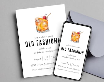 Old Fashioned Cocktail Party Invitations, Old Fashion Celebration Birthday Party Invite, Editable Template Printable and Digital, Men&#39;s 134