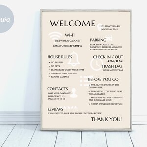 digitale verhuursjabloon voor welkomstzang, superhostboek, homeaway-poster, instructies voor het afrekenen van bed & breakfast, wifi-wachtwoord afdrukbaar