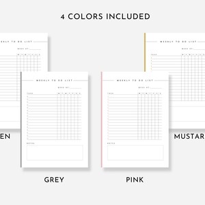 May include: Four printable weekly to-do list templates in green, grey, pink, and mustard colors. Each template includes a section for tasks, notes, and a grid for daily scheduling.