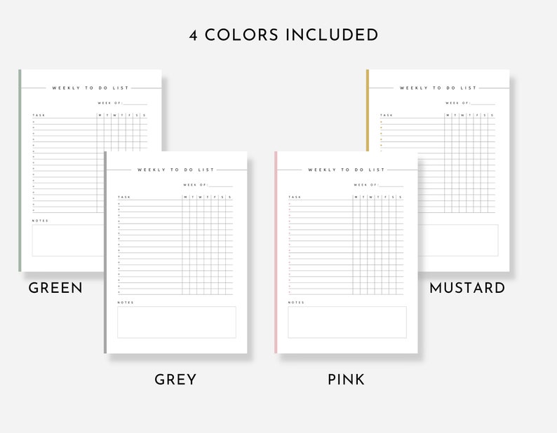 May include: Four printable weekly to-do list templates in green, grey, pink, and mustard colors. Each template includes a section for tasks, notes, and a grid for daily scheduling.