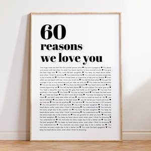 60 Dinge, die wir an dir lieben, Ausdruck Geschenk, Geschenk zum 40. Geburtstag für Frauen, Last Minute Druck zu Hause, zum 50. Jahrestag, 60