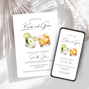 Invitación a fiesta de compromiso con brindis de bourbon y margarita, plantilla editable, despedida de soltera para parejas, fiesta de novios, despedida de soltera, moderna