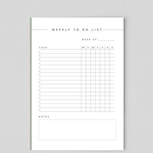May include: A printable weekly to-do list with a section for tasks and a notes section. The list is divided into days of the week, Monday through Sunday.