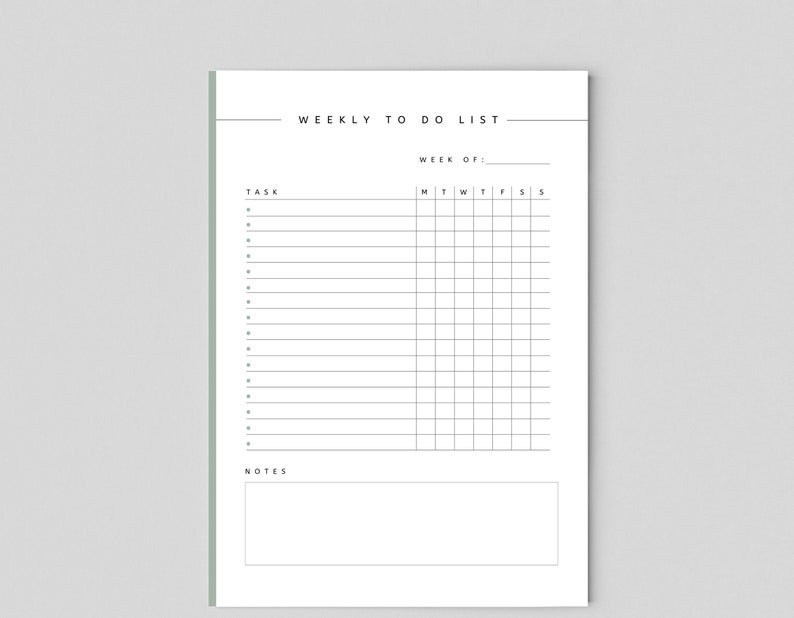 May include: A printable weekly to-do list with a section for tasks and a notes section. The list is divided into days of the week, Monday through Sunday.
