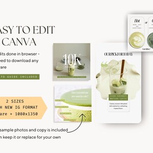 Pode incluir: Um modelo digital para m&iacute;dia social com um latte matcha verde com leite de coco. O modelo &eacute; projetado para uso no Canva e inclui dois tamanhos: quadrado e 1080x1350 pixels. O texto "OURPICKFORTODAY" e "ICED COCONUT MATCHA LATTE" est&aacute; inclu&iacute;do no modelo.