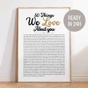 Poster numérique personnalisé de 80 choses que nous aimons chez vous. Cadeau parfait d'anniversaire ou de fête des mères pour maman, tante, amie, soeur, grand-mère 24 heures